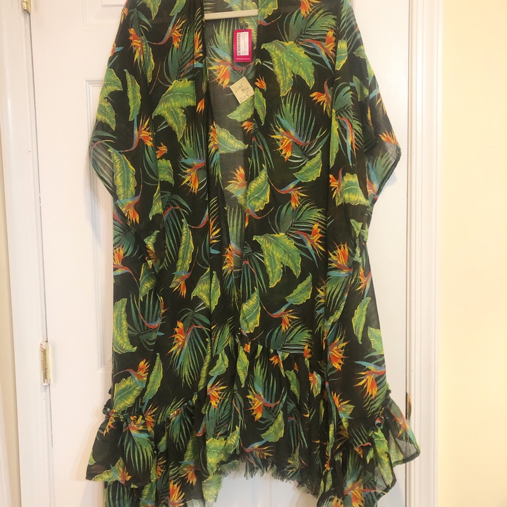 Vince Camuto Black Tropical Leaf Print Swim Coverup